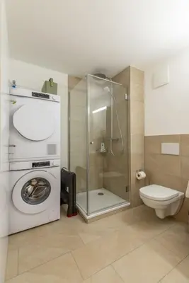 a bathroom with a shower and a washing machine at Jasminkas Host 2, Ruhig, City und Naturnah, Gratis Parkplatz und Balkon in St. Gallen