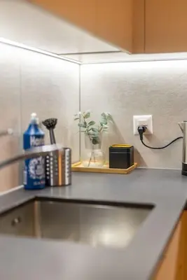 a kitchen counter with a sink and a bottle of cleaner at Jasminkas Host 2, Ruhig, City und Naturnah, Gratis Parkplatz und Balkon in St. Gallen