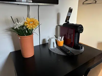 a black desk with a vase of flowers and a computer at Altstadt Gästehaus in Arbon