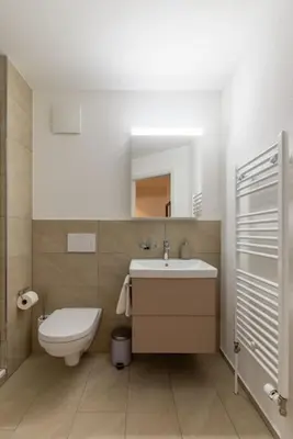 a bathroom with a toilet and a sink and a mirror at Jasminkas Host 1, Ruhig, Gratis Parkplatz Balkon & im 1, Stockwerk in St. Gallen