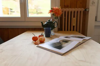 a vase with flowers on a wooden table with a window at Fuechsle in Wildhaus