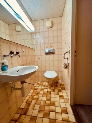a bathroom with a sink and a toilet at Private room with Bathroom and Lake View in Guest House in Heiden