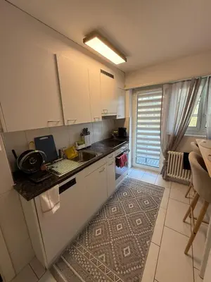 a small kitchen with white cabinets and a sink at Suite Executive Kreuzlingen - MTL Schweiz in Kreuzlingen