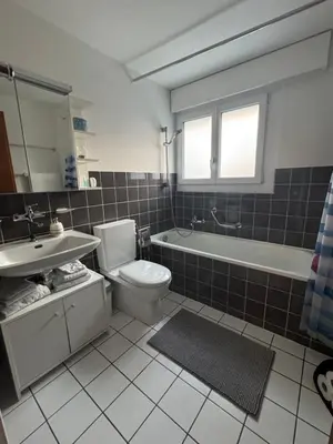a bathroom with a sink and a toilet and a bath tub at 3 Zimmer-Ferienwohnung in der Rüti in Herisau