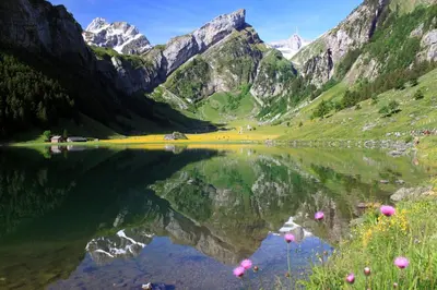 a mountain reflecting in a lake in the mountains at Mällis Heimetli in Urnäsch