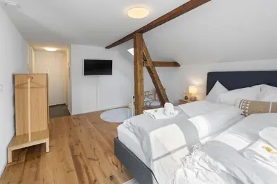 a bedroom with two beds and a tv on the wall at Klara 1034 - Olma, Spital, Uni St- Gallen in St. Gallen