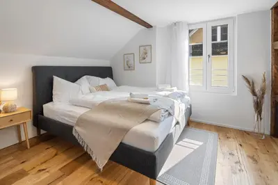 a bedroom with a large bed and a window at Klara 1034 - Olma, Spital, Uni St- Gallen in St. Gallen
