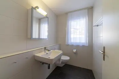a bathroom with a sink and a toilet and a mirror at Saentis in Wildhaus