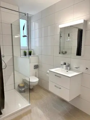 a white bathroom with a toilet and a sink at Modernes, renoviertes Apartment nähe dem Zentrum kostenloses Parken in St. Gallen