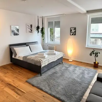 a bedroom with a bed and a rug at Modernes, renoviertes Apartment nähe dem Zentrum kostenloses Parken in St. Gallen