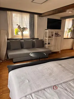 a living room with a couch and a table at Im Herzen von Rebstein in Rebstein