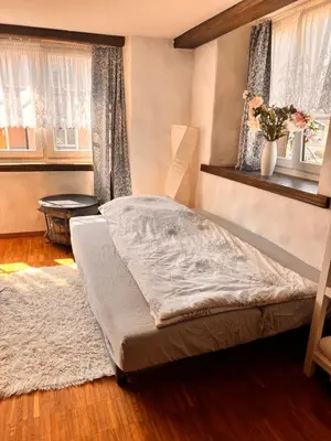 a bedroom with a bed in a room with windows at Im Herzen von Rebstein in Rebstein
