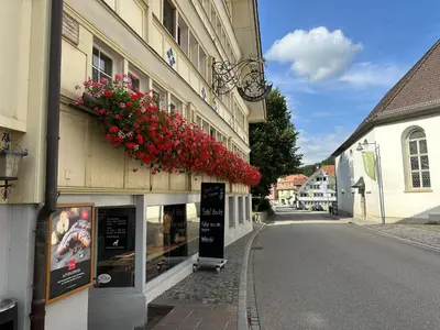 a building with flowers on the side of a street at Gemütliches Chalet-Zimmer in Guesthouse Rosalie in Brunnadern