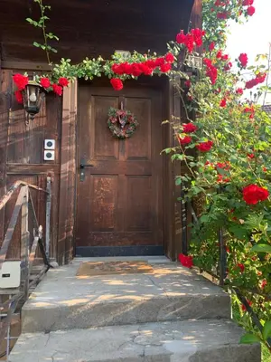 a wooden door with red roses on it at Historic Swiss Room in Guesthouse Rosalie in Brunnadern