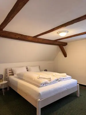 a bedroom with a white bed in a attic at Schiff Kesswil in Kesswil