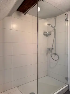 a shower with a glass door in a bathroom at Schiff Kesswil in Kesswil