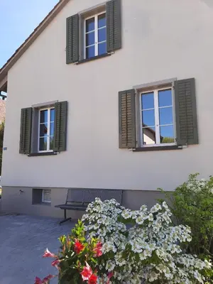 a white building with two windows and flowers at Kaffeegasse 11 - Holiday home with heart on Lake Constance in Altnau