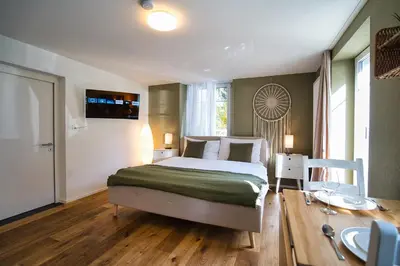 a bedroom with a large bed and a table at Klara 0002 - Olma, Spital, Uni St- Gallen in St. Gallen