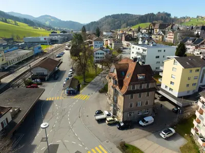 an aerial view of a small town with a street at Private Apartment in Degersheim