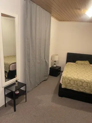 a bedroom with a bed and a large mirror at Como apartamento en el centro de st Gallen in St. Gallen