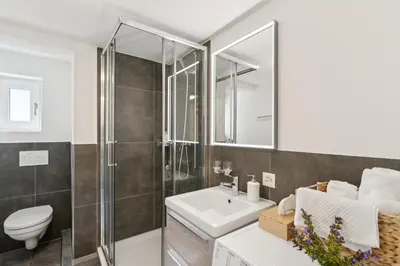 a bathroom with a shower and a sink and a toilet at Klara 1014 - Olma, Spital, Uni St- Gallen in St. Gallen