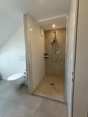 a bathroom with a shower and a toilet at Bijou petit -mit Terrasse in Rorschach