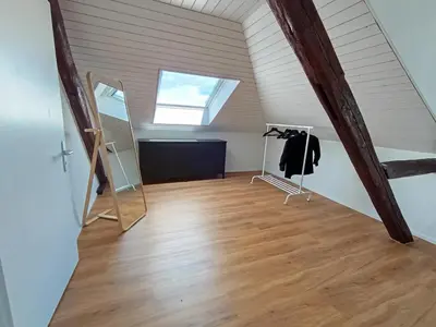 a attic room with a skylight and a mirror at Bijou petit -mit Terrasse in Rorschach