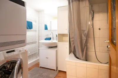 a bathroom with a washing machine and a sink at Wohnhaus Münzmühle in Appenzell in Appenzell