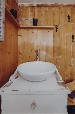 a bathroom with a white sink on a wooden wall at Ferienhaus Lindeli, Luxeriös eifach in Sankt Peterzell