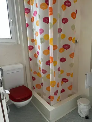 a bathroom with a toilet and a shower curtain at Zimmer am See in Goldach
