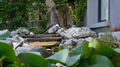 a garden with rocks and a tree and a building at Hotel Badhof in Altstätten