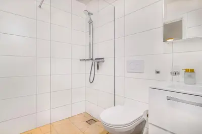 a white bathroom with a toilet and a shower at VISIMO Apartments Teufenerstrasse St Gallen - Urban, Direct, Close to nature in St. Gallen