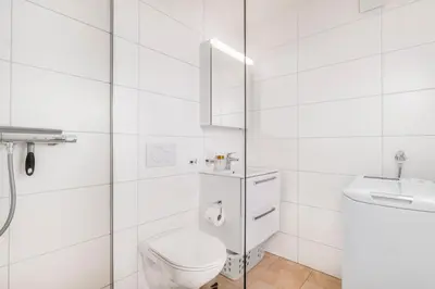 a white bathroom with a toilet and a sink at VISIMO Apartments Teufenerstrasse St Gallen - Urban, Direct, Close to nature in St. Gallen