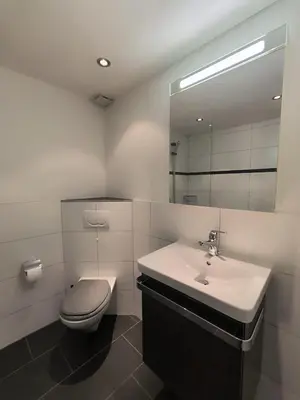 a bathroom with a toilet and a sink and a mirror at Charmantes Studio in Teufen in Teufen