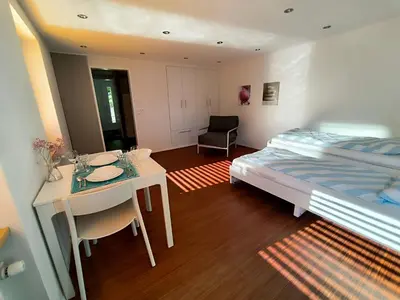 a bedroom with a bed and a table and a desk at Charmantes Studio in Teufen in Teufen