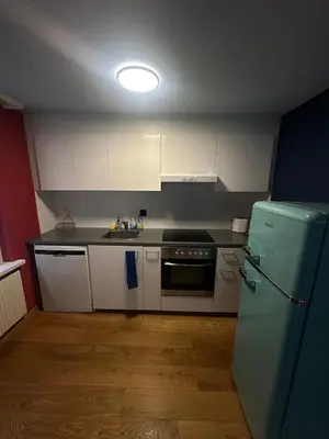 a kitchen with white cabinets and a green refrigerator at Kugelgasse Apartments - Smart Living by Klang und Kleid in St. Gallen
