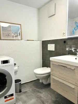 a bathroom with a toilet and a sink and a washing machine at Klara 1011 - Olma, Spital, Uni St- Gallen in St. Gallen