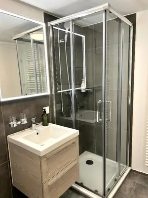 a bathroom with a shower and a sink and a shower at Klara 1011 - Olma, Spital, Uni St- Gallen in St. Gallen