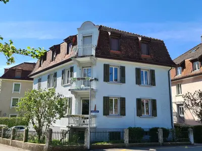 a white house with a brown roof at Zimmer mit Gemeinschaftsbad in Arbon