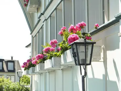 a street light with flowers on the side of a building at Hotel B&BAlpenheim in Teufen