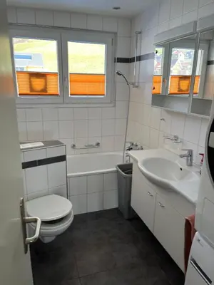 a bathroom with a toilet and a sink at Ferienwohnung Panoramablick in Nesslau