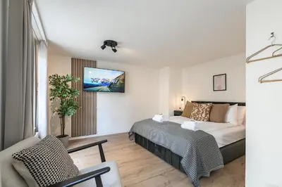 a bedroom with a bed and a tv on the wall at book2stay - Apartments Spisertor in St. Gallen