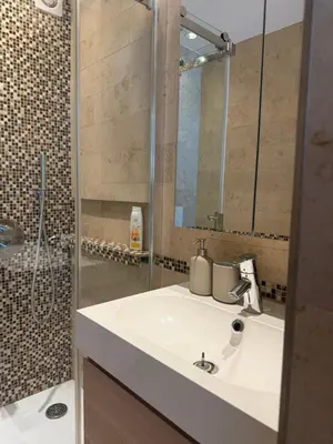 a bathroom with a white sink and a shower at Studio mit Balkon im Zentrum in St. Gallen