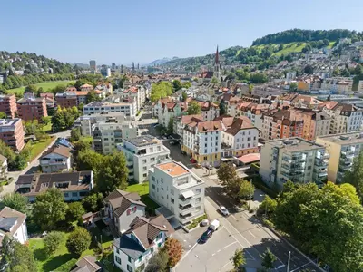 an aerial view of a city with buildings at BLIV Design-Apartment mit Parkplatz, nahe Zentrum in St. Gallen