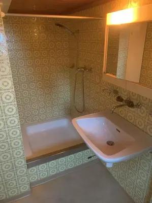 a bathroom with a sink and a bath tub at romatisches Chalet mit Bodenseesicht in Wolfhalden