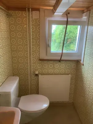a bathroom with a toilet and a window at romatisches Chalet mit Bodenseesicht in Wolfhalden