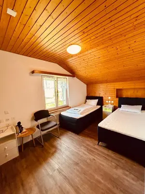 a bedroom with two beds and a wooden ceiling at Dreibettzimmer mit eigenem Bad und Seeblick in Heiden
