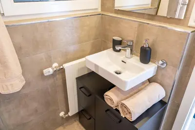 a bathroom with a sink and a mirror at Seesicht - Rückzugsort oberhalb vom Bodensee in Wienacht-Tobel