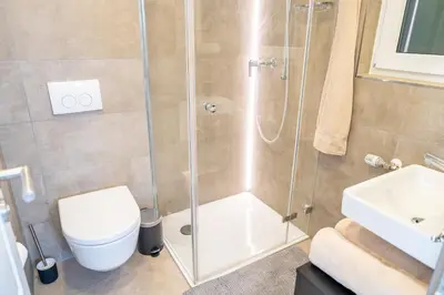 a bathroom with a shower and a toilet and a sink at Seesicht - Rückzugsort oberhalb vom Bodensee in Wienacht-Tobel