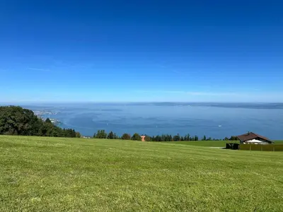 a field of green grass with the ocean in the background at Seesicht - Rückzugsort oberhalb vom Bodensee in Wienacht-Tobel